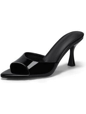 Womens Black Faux Leather Kitten Heeled Mules Pointed Open Toe Heeled Sandal